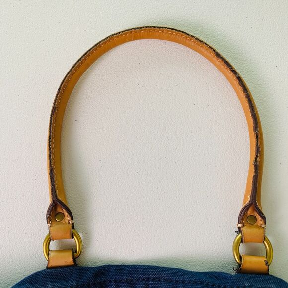 J Crew Blue Canvas Brown Leather Trim Large Shoulder Bag Carryall Tote Bag Beach - Picture 6 of 8